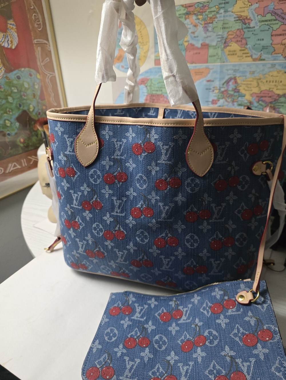 Cotton Denim Red Cherry Filled Every Day Denim Lined Tote w/pouch Tan Handle MMo